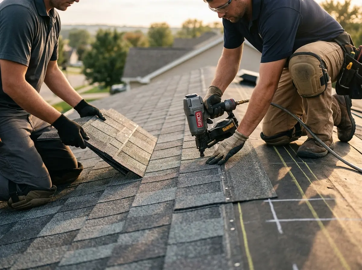 Professional roofer working on a residential roof in Burleson